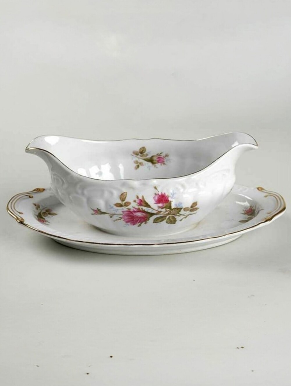 Vintage Royal Rose Bond Fine China Japan Gravy Boat with Attached Underplate
